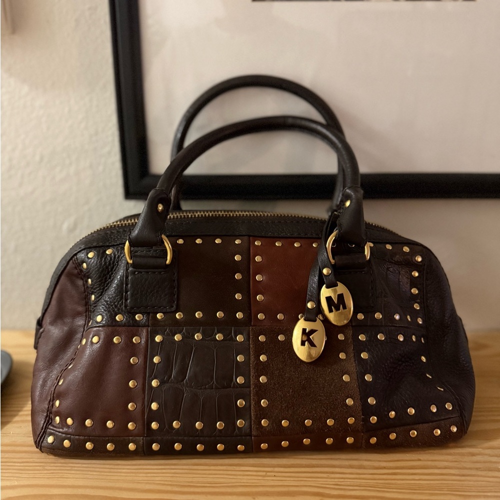 Michael Kors Brown Leather Patchwork Studded Top Handle Bag